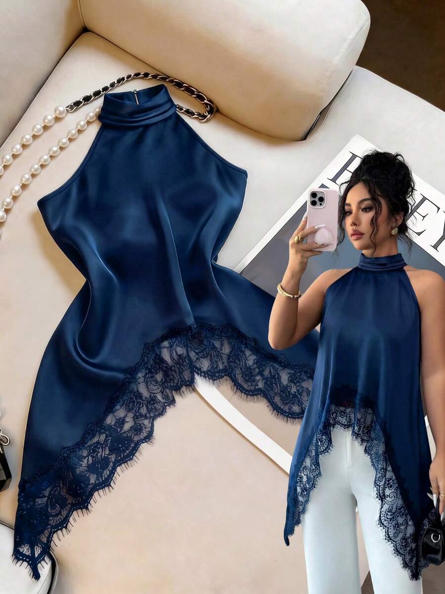 SHEIN Elenzya 女士蕾丝拼接露背休闲百搭日常衬衫 - 藍色 - 查看 1