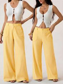 SHEIN PETITE 100% Washed Cotton Low Waist Straight Pants - Pale Yellow - View 6