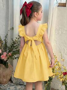 LMoss Kids Young Girl Woven Solid Color Square Neck Ruffle Hem Casual Dress - Yellow - View 6