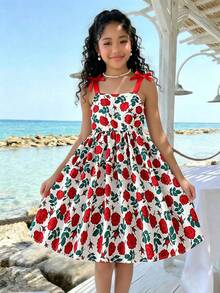 SHEIN 1 pieza Vestido elegante rosa para niñas, estampado floral de rosa, vestido corte evasé con tirantes de lazo, adecuado para vacaciones, escuela y salidas en verano - Rojo - Ver 1