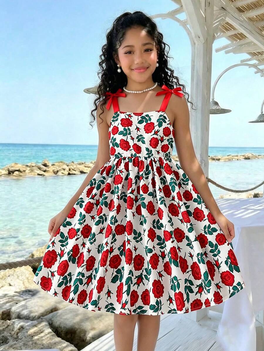 SHEIN 1 pieza Vestido elegante rosa para niñas, estampado floral de rosa, vestido corte evasé con tirantes de lazo, adecuado para vacaciones, escuela y salidas en verano - Rojo - Ver 1