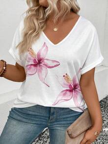 EMERY ROSE Plus Size Watercolor Floral Print V-Neck T-Shirt, Rolled Cuff Short Sleeve Casual Top For Women - Multicolor - View 6