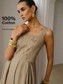 ZEYLAH Elegant Square Collar Embroidered Sleeveless Dress, Summer - Khaki - View 1