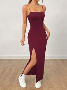 PETITE Vestido largo negro de mujer con correa de abertura alta y unicolor - Beis - Ver 4