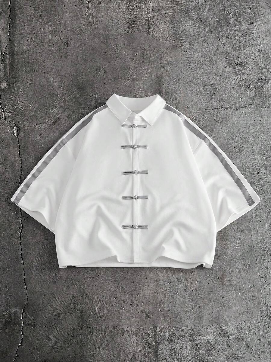AXEPEAK Men's Casual Holiday Patchwork Button-Up Short Sleeve Shirt, Perfect Fusion Of Fashion And Tradition - White - View 1