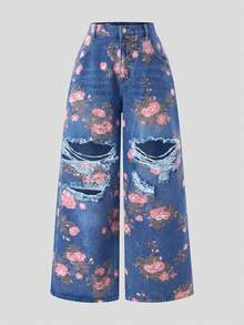 SHEIN MOD 大码女式印花做旧口袋纽扣休闲日常牛仔裤 - 中等水洗藍 - 查看 3