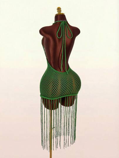 Amplova Contrast Color New Style No.1 See-Through Tassel Mini Dress For Women