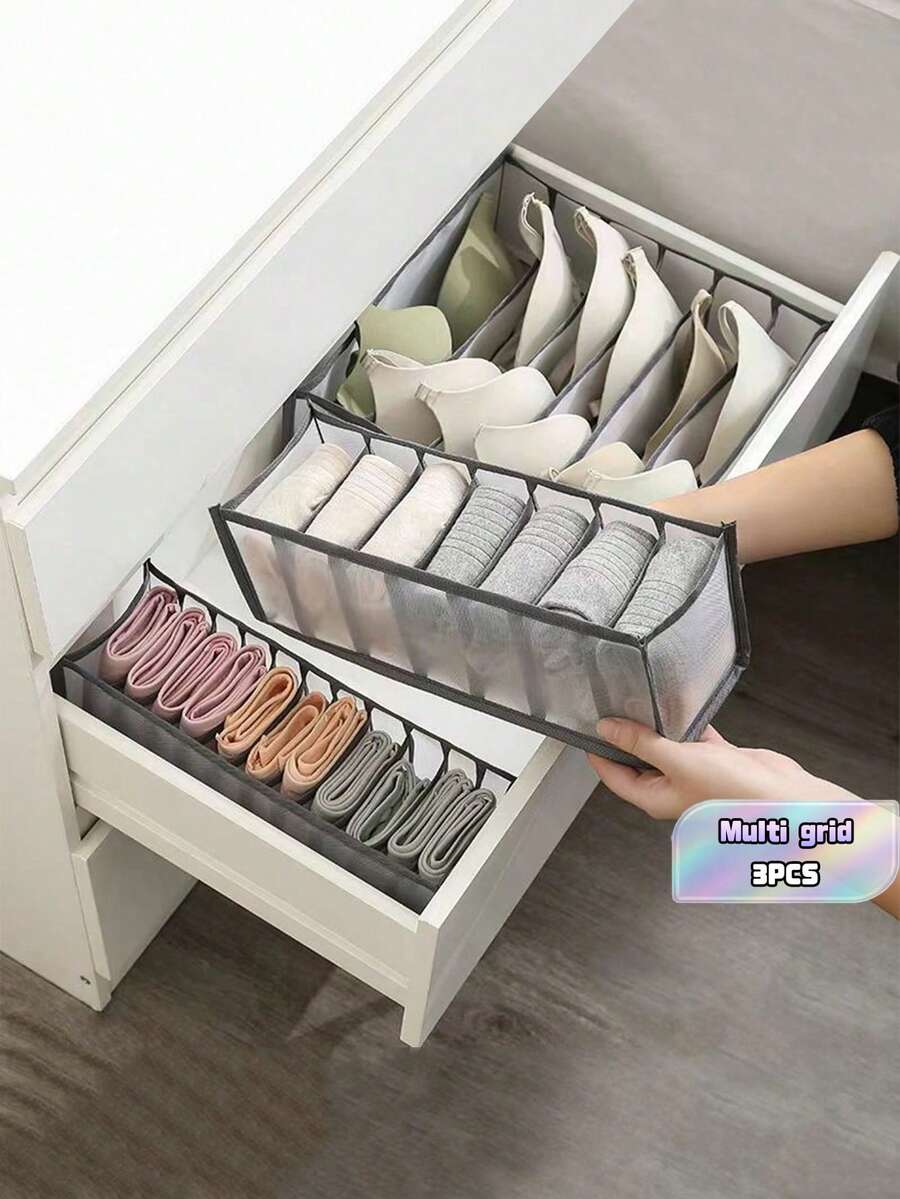 3PCS Space-Saving Bra Storage Box, Multifunctional Foldable Wardrobe Drawer Divider, Durable Organizer For Underwear, Socks And Small Accessories, Practical Underwear Drawer Storage Solution - Multicolor - View 1
