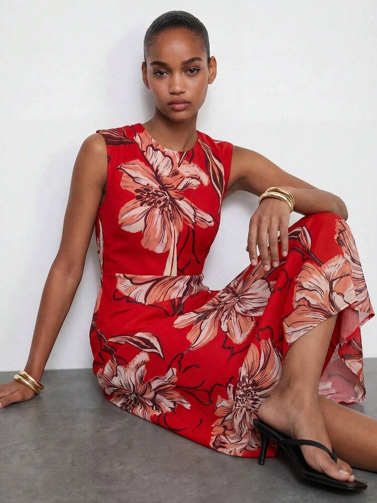 SHEIN Maija Red Floral Print Long Dress, Waist Cinched Fit, Elegant , Suitable For Summer Holiday Holiday Vacation