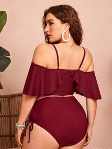 Swim Chiccia Women's Solid Color Spaghetti Strap Off-Shoulder 2-Piece Bikini Set With Ruffles And Drawstring - Elegant And Stylish For Vacation - Bordeaux - View 2