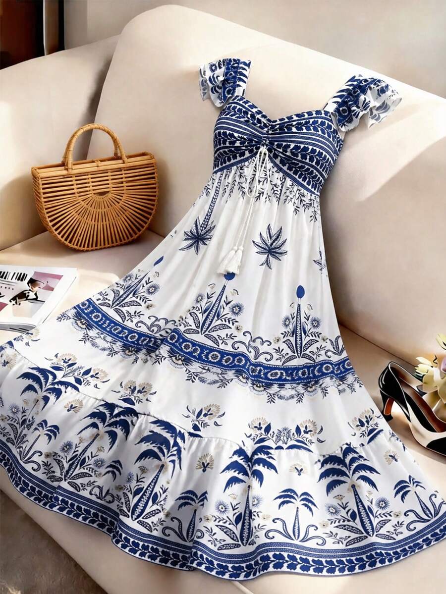 Ellevyn Women's Palm Tree Print Cap Sleeve Dress, Vacation Style - Blue and White - View 1