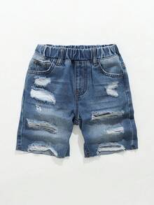 Quần short denim mùa hè mới cho bé trai, phong cách đường phố thời trang, hiệu ứng giặt xanh, chi tiết rách mài, thiết kế cạp chun thoải mái và phong cách, dễ phối đồ cho nhiều dịp, quần short denim mùa hè - Rửa nhẹ - Xem 3