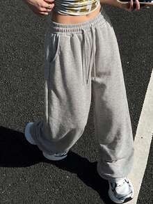 DAZY Drawstring Waist Wide Leg Sweatpants Fall,Winter Women Joggers - Grey - View 9