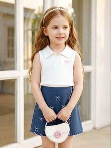 SHEIN Elladie kids 2pcs/Set Toddler Girls Summer New White Textured Knit Fabric Collar Bow Embroidered Vest Top And Denim Skort With Ruffle Hem Vintage Cute Outfit - White - View 3