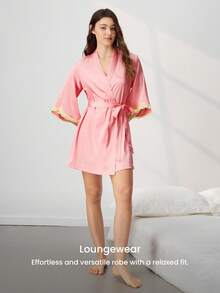LUVLETTE Áo ngủ nữ màu hồng gợi cảm, chất liệu satin mềm mại, sang trọng, viền ren, thắt nơ phía trước, thoáng mát, thích hợp mặc ở nhà. - Bụi hồng - Xem 8