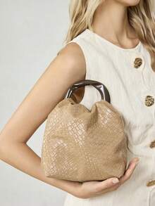 MOTF PREMIUM TAS TANGAN WANITA WARNA APRIKOT, TAS TANGAN LIBURAN PU TENUN YANG INDAH DAN SEDERHANA, PEGANGAN BULAT, GAYA KAYA RAYA, GAYA LIBURAN, GAYA RETRO, COCOK UNTUK WANITA, IBU, PERJALANAN KERJA, LIBURAN, SEHARI-HARI, BELANJA, PERJALANAN - Sampanye - View 9