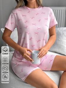 SHEIN 高品质女士圆领短袖粉色可爱蝴蝶结印花上衣，搭配高腰休闲舒适短裤，适合日常穿着 - 淺粉色 - 查看 5