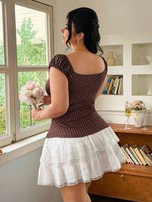 FleurLily Plus Size Women's Fashionable Elegant Square Neck Short Sleeve Fitted T-Shirt - Brown - View 2