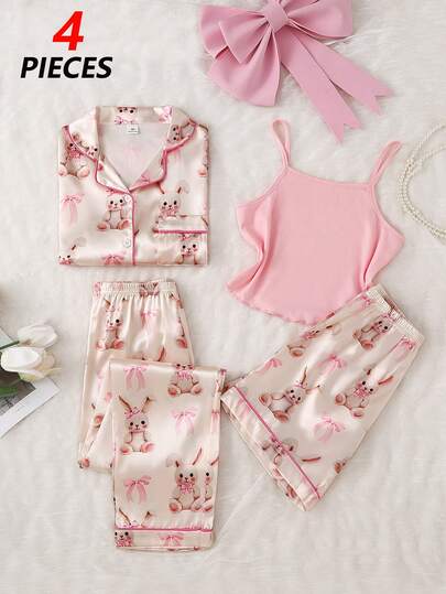 Bộ đồ ngủ 4 món cho bé gái, họa tiết nơ hồng và gấu dễ thương, áo tay ngắn, quần dài, áo hai dây và quần short bằng vải cotton, đồ ngủ thường ngày.