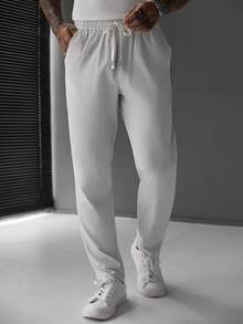 SLATEMANN Men's Drawstring Waist Straight Loose Fit Business Casual Pants - Beige - View 4