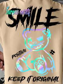 Manfinity Dauomo Kaos Kasual Pria Lengan Pendek Leher Bulat Motif Huruf & Kartun Beruang - MultiWarna - View 4