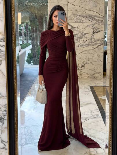 Firerie Elegant, Romantic, Fashionable Chestnut Color Elastic Fabric Shawl With Draped Pleated Decor, Fishtail Hem, Small Train, Suitable For Wedding Guest, Holiday, Birthday Party, Wedding Ceremony, Bridesmaid Dress