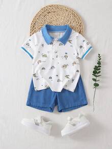 Souflis Souflis Baby Boys Spring/Summer White Sky Blue Contrast-Color POLO Collar Short-Sleeved Top And Shorts Set. Vacation Cute - Baby Blue - View 6