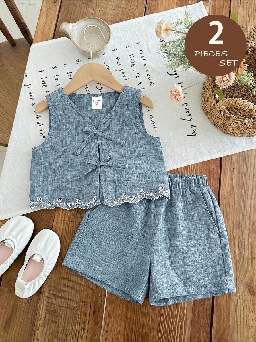 LMoss Kids 2pcs Young Girl Woven Solid Color Casual Vest And Shorts Set - Baby Blue - View 1