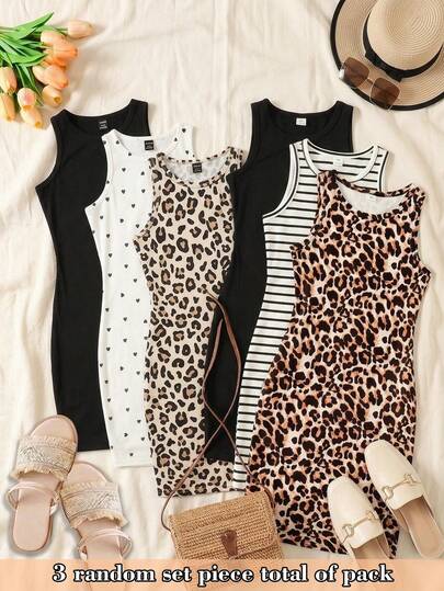 SHEIN 3pcs/Set Kids/Tween Girls' Summer Leopard Print, Black, Striped Knit Camisole & Bodycon Skirt Casual Outfits, Fashionable Matching Sibling/Family Vacation, Camping, Daily Wear