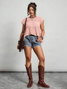 Freevana Plus Size Women's Solid Color Round Neck Pleated Casual Versatile Daily Wear Blouse - Dusty Pink - View 3