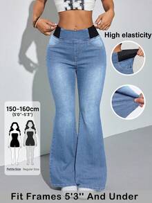 SHEIN PETITE Calça Denim Azul Skinny Flare Feminina, Confortável, Jeans de Alta Elasticidade, Estilo Sereia, para Verão e Escritório, para Mulheres Petite - Lavagem clara - Visão 8
