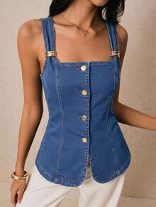 Poéselle Áo sơ mi denim nữ không tay cài cúc phía trước, kiểu dáng thường ngày, thích hợp cho mùa hè. - Màu xanh lam - Xem 4