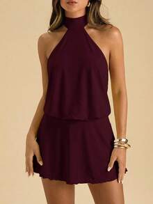 SHEIN BAE Đầm ngắn cổ yếm màu trơn thanh lịch dành cho nữ - Màu Tím - Xem 6