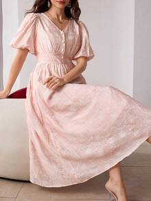 Modelyn V-Neck Petal Sleeve Jacquard Front Button Closure Pink Floral Floral Dress, Spring/Summer Tea Party Cute Elegant - Pink - View 7