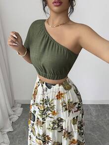 Selianne Boho Women's Asymmetrical Neck Crop Blouse With Raglan Short Sleeve And Ruffle Hem Skirt Two Piece Set,Army Green,Summer,Holiday,Vacation,Holiday - Multicolor - View 6