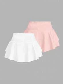 SHEIN Girlism Tween Girls 2 Packs Knitted Ruffle Layered Built-In Shorts Mini Skirt,Pink And White Striped,Summer,Cute Modest,Gym,Y2K Fashion Teen Ruffle Skort Set - Multicolor - View 2