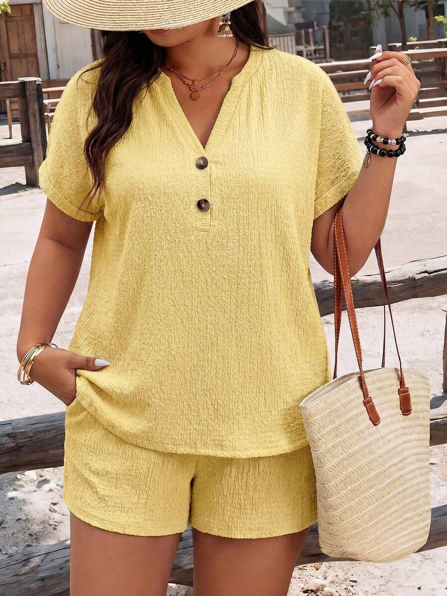 EMERY ROSE New Fashion Casual Basic Vintage Yellow Textured Fabric V-Neck Button Front Shorts, Plus Size 2-Piece Set - Yellow - View 1