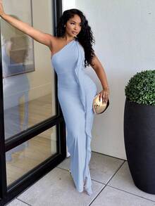 Alexandranx Asymmetric Ruched Backless Maxi Mesh Dress With Ruffle Hem, Elegant Women's Dress For Vacation & Beach, Spring/Summer - Baby Blue - View 3