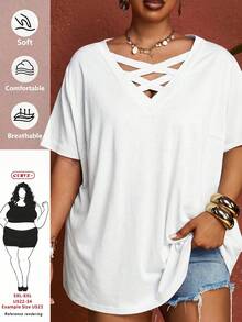 SHEIN CURVE+ 大码女式纯色紫红色V领短袖T恤，夏季 - 白色 - 查看 7