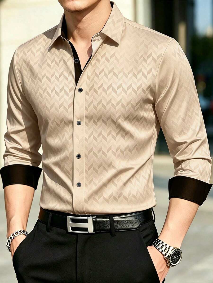 Manfinity Mode Men's Geometric Diamond-Textured Casual Shirt,Khaki,Autumn,Safari,Office Business Style Long Sleeve Button Placket Collar Shirts - Apricot - View 1