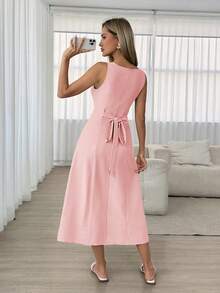 Easowa Women's Simple Solid Color Square Neck Single-Breasted Casual Vacation Commute Dress, Summer,Dresses For Women Summer - Watermelon Pink - View 3