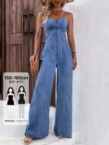 SHEIN PETITE Women's Solid Color Casual Daily Strap Denim Jumpsuit ,Petite Women - Medium Wash - View 1