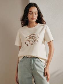 Áo thun nữ Anewsta mùa hè mới, cổ tròn, dáng regular fit, tay ngắn, thêu hoa hồng, kiểu dáng thường ngày. - Màu be - Xem 1