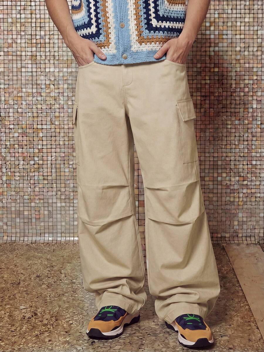 HypeHours Men's Khaki Multi-Pocket Cargo Pants,Cargo Pants, Baggy Pants ,Streetwear,Baggy,Streetwear Versatile Double Pleated Adjustable Straight Leg Casual Trousers Men Cargo Pants Men Cargos Pants Utility Pants Khaki Cargo Pants Men Cargo Pant - Khaki - View 1