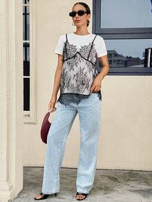 Boho Mama Casual Everyday Fashion Contrast Lace 2 In 1 Maternity T-Shirt - Multicolor - View 3