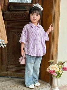 Young Girl Casual Comfortable Striped Collar Open Front Loose Short Sleeve Hollow Back Woven Shirt - Purple - View 2