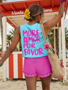 EMERY ROSE Chaleco casual de mujer con cuello redondo y bordado de pez - Azul - Ver 3