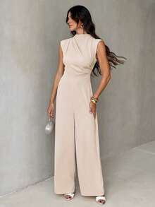 SHEIN Tall Mono elegante y minimalista de mujer, de estilo urbano y chic, con cuello alto pequeño, mangas cortas, cintura alta y piernas anchas, en color albaricoque - Marrón - Ver 7