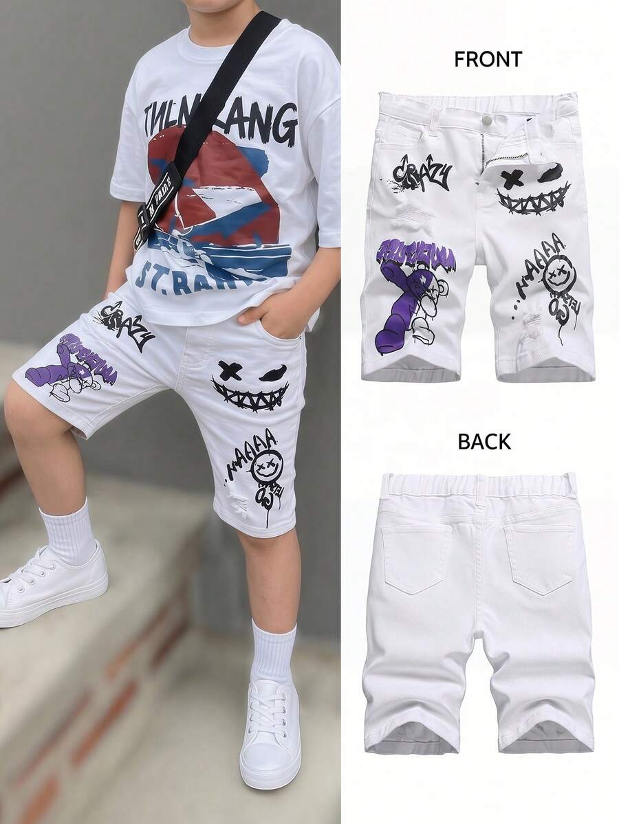 青少年男孩時尚休閒圖案 Y2k 復古酷街頭塗鴉圖案白色彈性緊身牛仔短褲,適合日常穿著、春夏季派對節慶及街頭風節慶日間穿搭 - 白色 - 查看 1