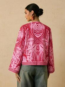 Travachic Plus Size Women Palm Tree Print Front Tie Shirt - Pink - View 2